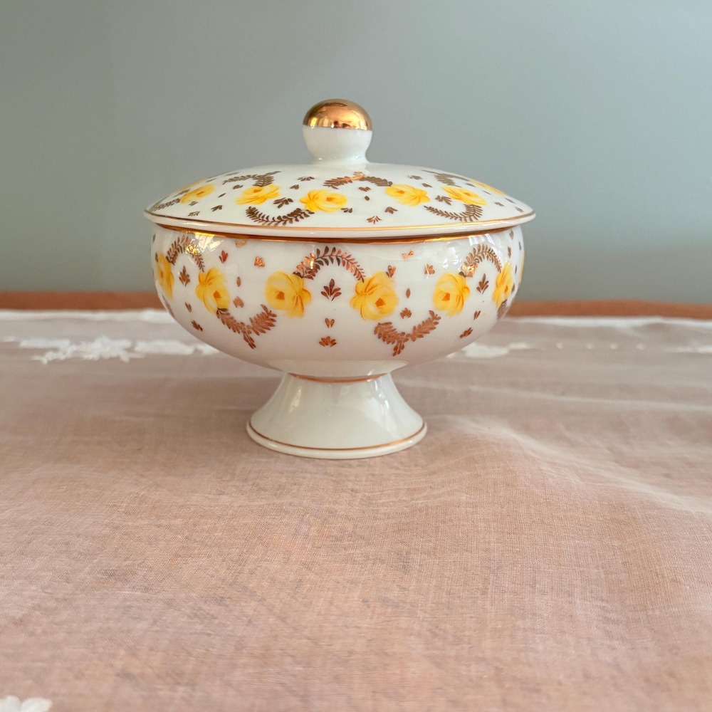 Vintage Lipper & Mann Covered‎ Dish Yellow Rose Floral with Gold Accents Japan